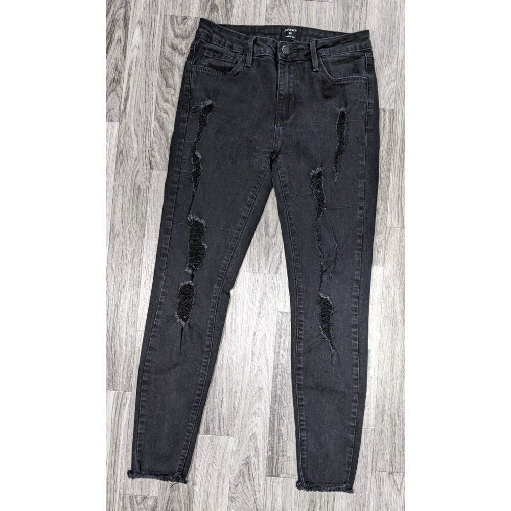 Just Black Womens Size 26 Pockets Fringe Hem Distressed Black Denim‎ Jeans
